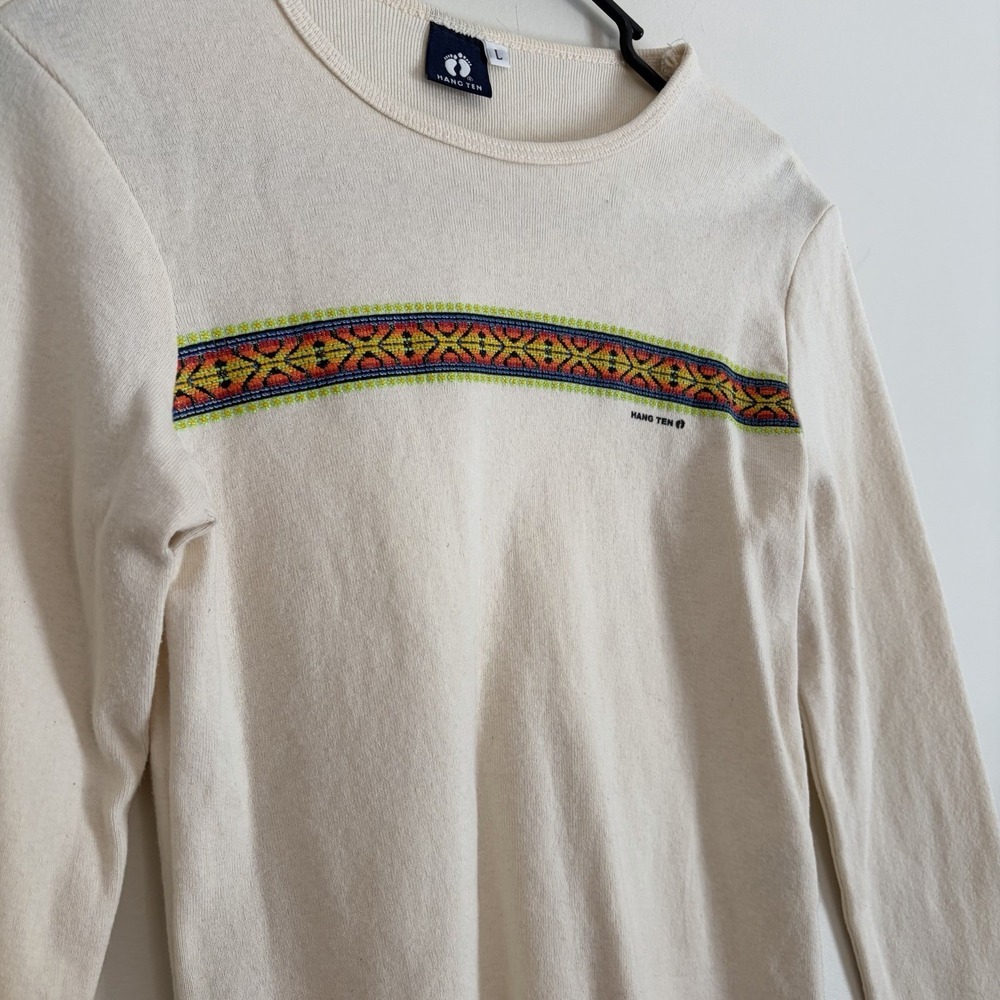 Vintage 90s Hang Ten Cropped Long Sleeve Shirt Surfer‎ Cream Geometric Stripe L - Picture 2 of 10